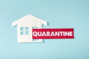 Graphic of white house with red quarantine flag on blue background
