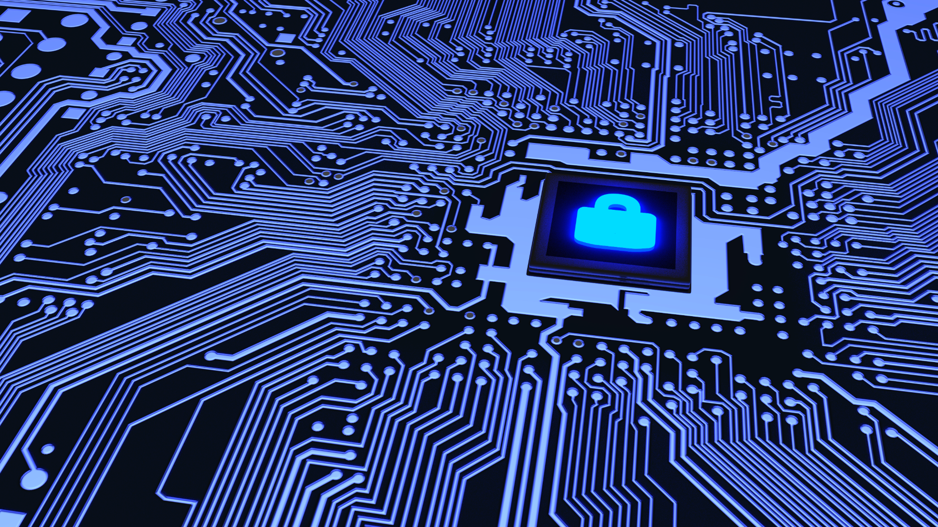 Graphic of blue circuitry with a lit-up lock image in the middle