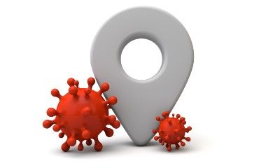Graphic of grey location marker with two red coronaviruses - contact tracing app