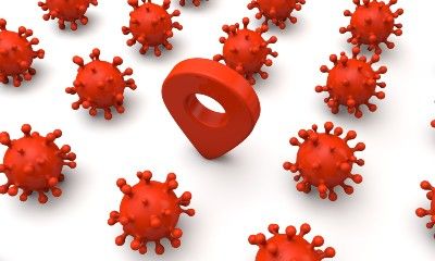 Graphic of a red location indicator among rows of coronaviruses - contact tracing app