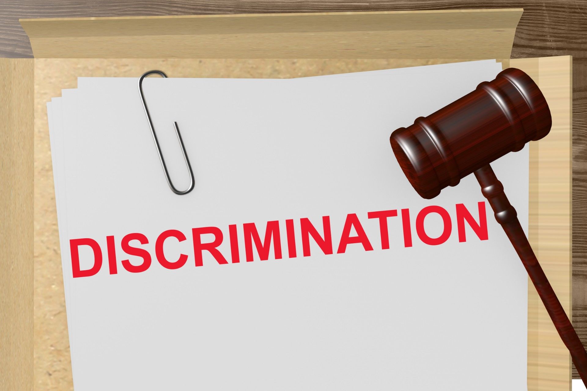 Filed folder with paperclipped paper that reads "discrimination" in red, with gavel - Garrick Club