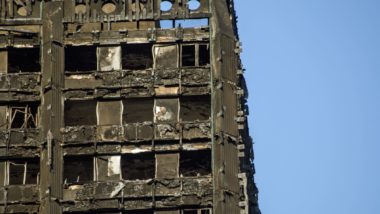 Burned corner of Grenfell Tower - cladding