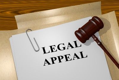 Graphic of a gavel lying on top of a folder containing paperwork that says "legal appeal" - business interruption test case