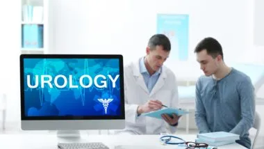 A doctor talks with a patient in the background, with a computer in the foreground with a screen that says "urology" - Craigavon Area Hospital