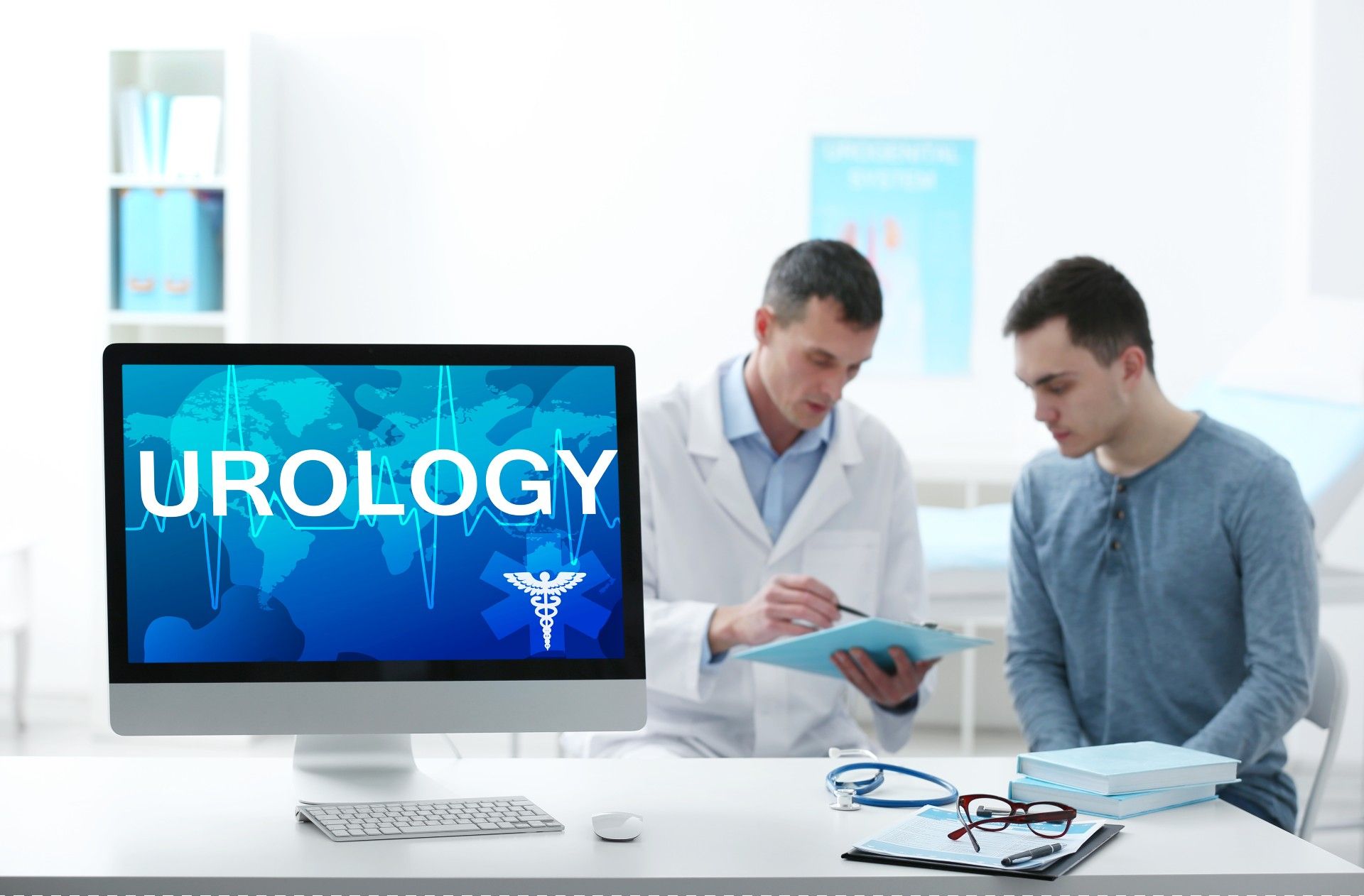 A doctor talks with a patient in the background, with a computer in the foreground with a screen that says "urology" - Craigavon Area Hospital