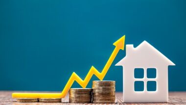 Real estate market, graph, up arrow.