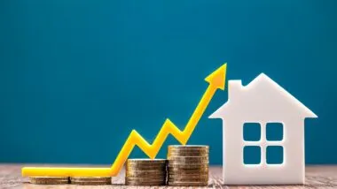 Real estate market, graph, up arrow.