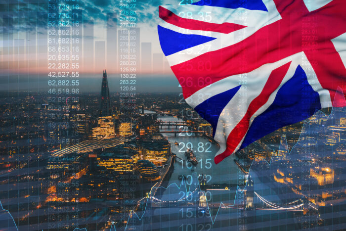 Financial Great Britain flag, united kingdom economy and european union flag.