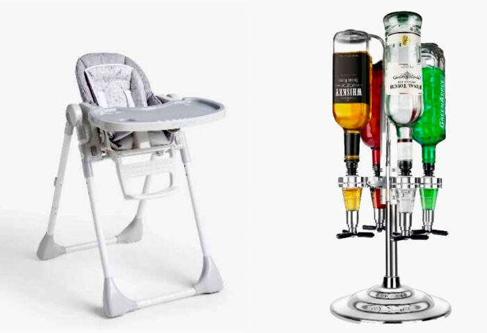 Photo of recalled John Lewis high chair and spirit bottle dispenser.