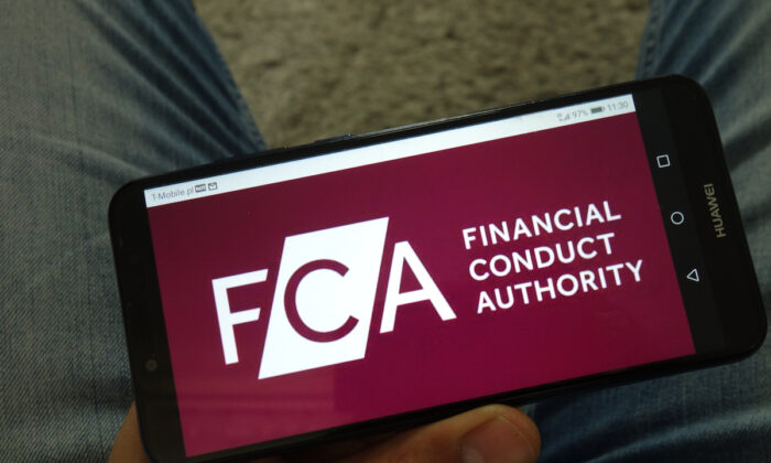 Financial Conduct Authority (FCA) logo displayed on mobile phone.
