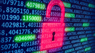 Open digital red lock displayed on a screen. Data breach/hacking concept.