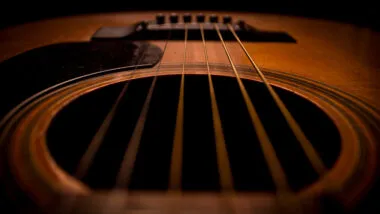 Closeup image of an acoustic guitar.