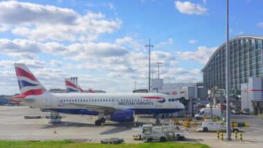 View of airplanes from British Airways (BA) at London Heathrow Airport (LHR), the main airport in London.