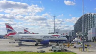 View of airplanes from British Airways (BA) at London Heathrow Airport (LHR), the main airport in London.