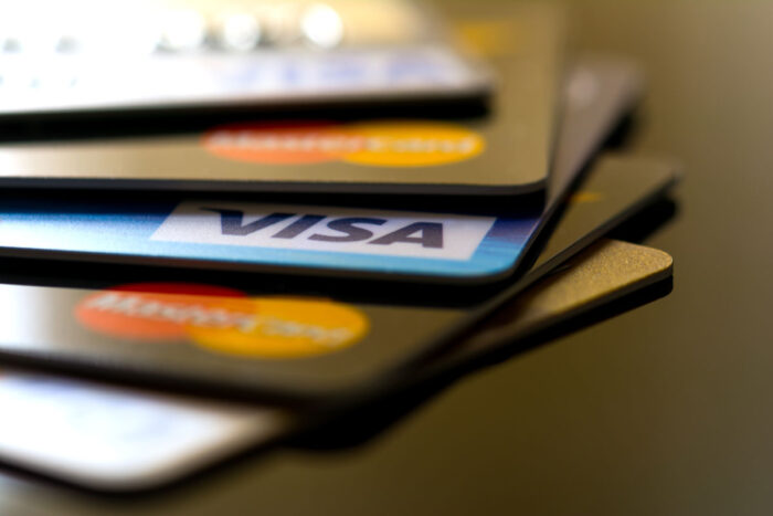 Plastic card VISA, Mastercard. Selective focus.