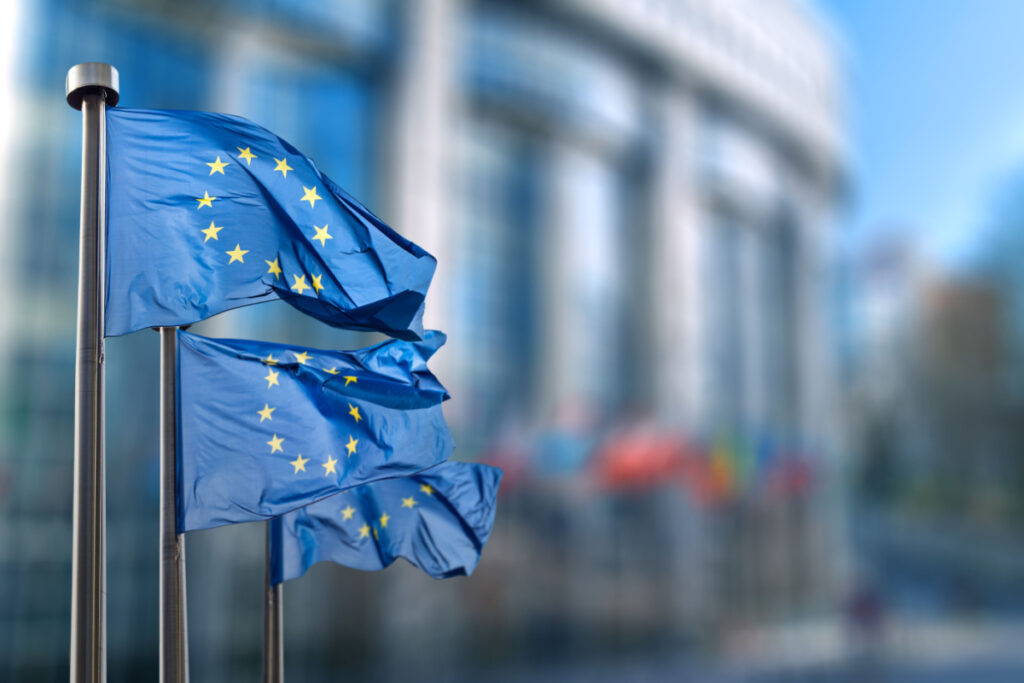 European union flag against parliament in Brussels, representing the fragrance raid