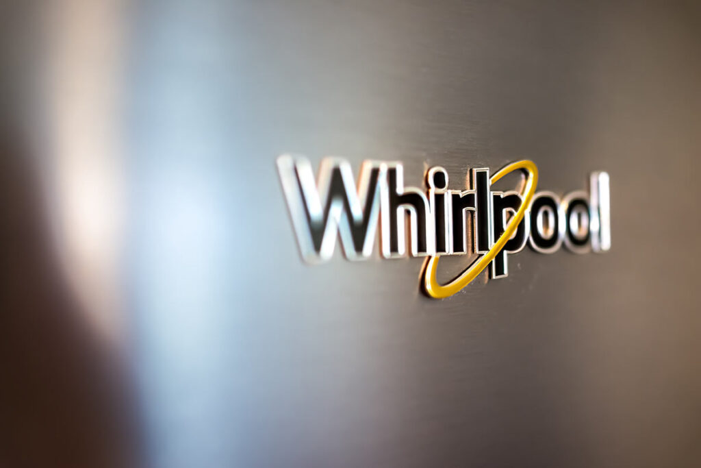 Close up of Whirlpool logo, representing the Arcelik Whirlpool merger.