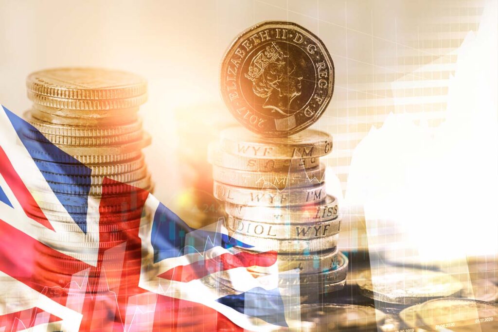 UK flag and currency, representing the Britain minimum wage hike.