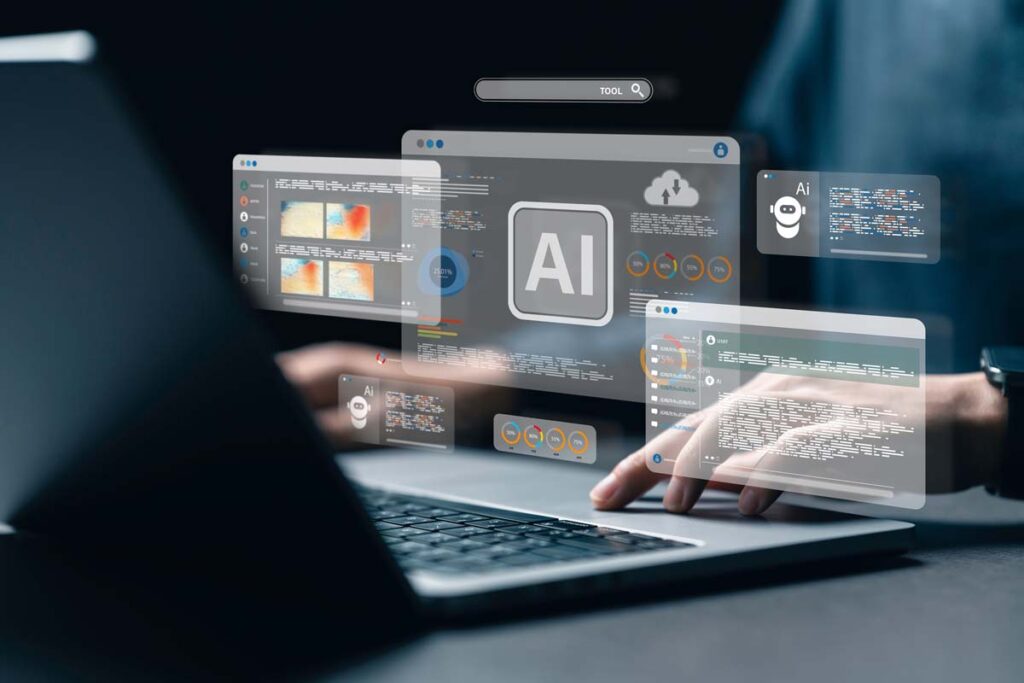 Close up of hands typing on a keyboard with an AI concept overlay, representing the Supreme Court AI ruling.