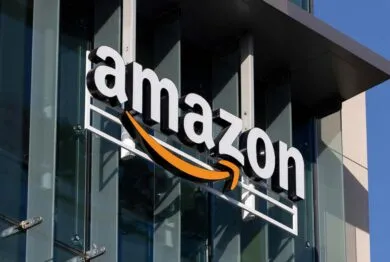 Close up of Amazon signage, representing the Amazon and Anthropic partnership.