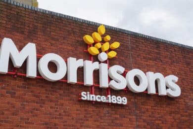 Morrisons logo sign of supermarket in UK town.