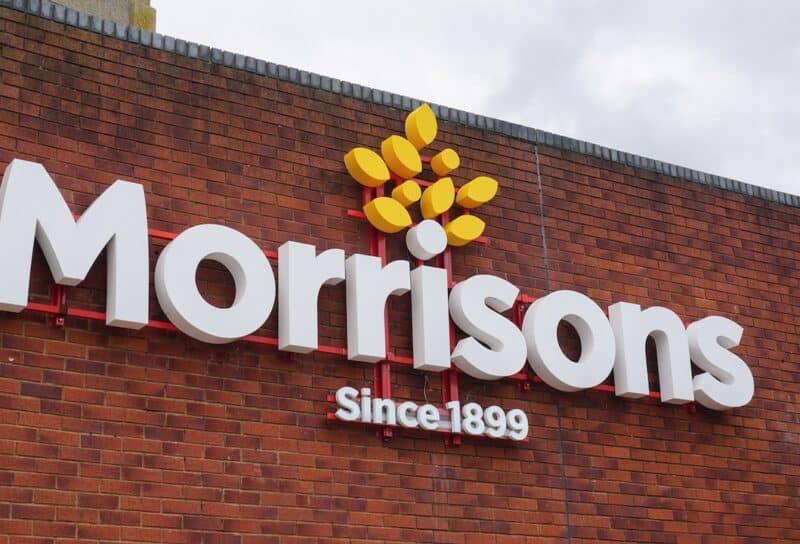 Morrisons logo sign of supermarket in UK town.